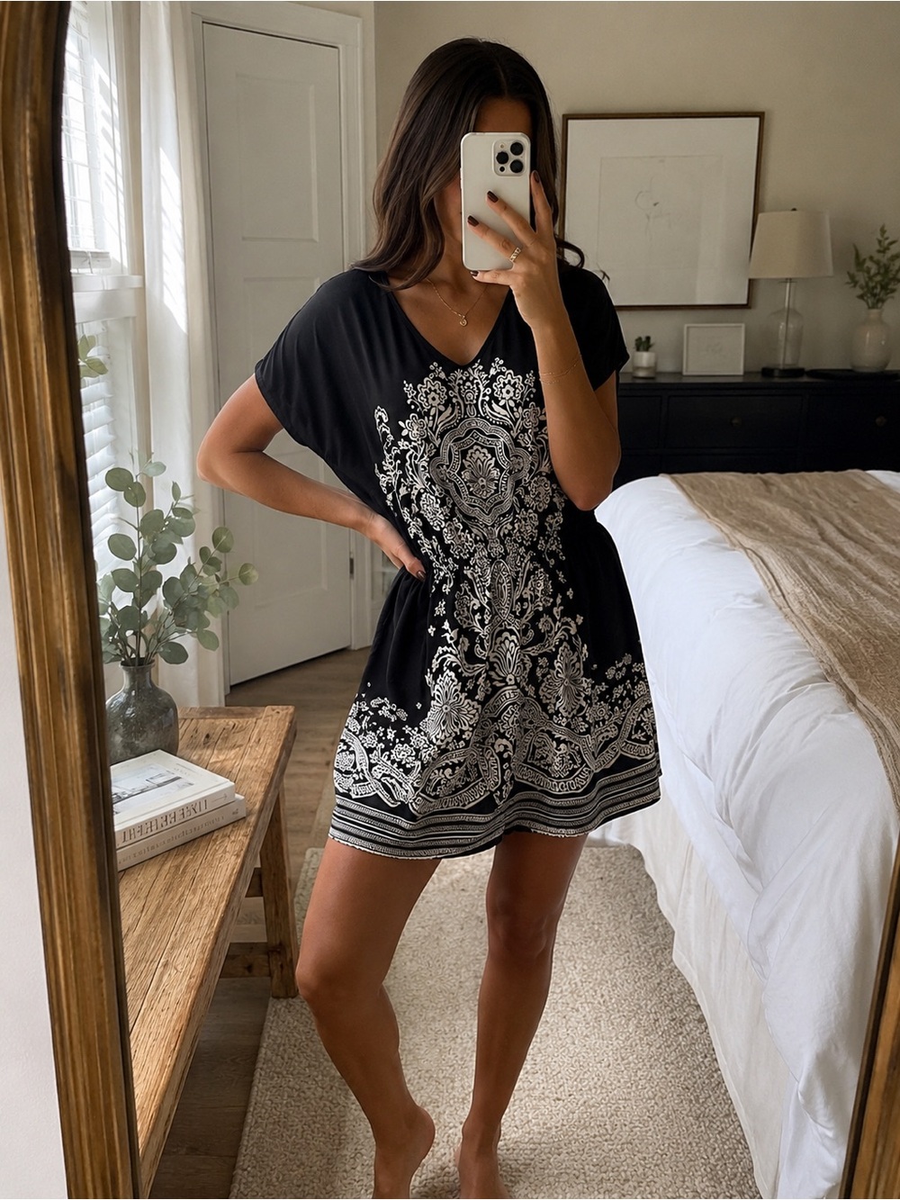 Black Mini Dress with White Paisley Print